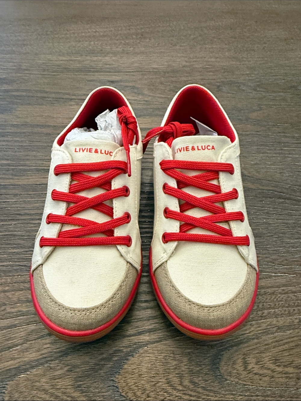 Livie & Luca Cream Canvas Sneakers with Red Trim New 12 Boys